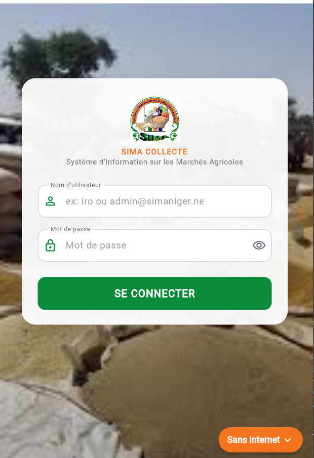 Écran de connexion SIMA Collect